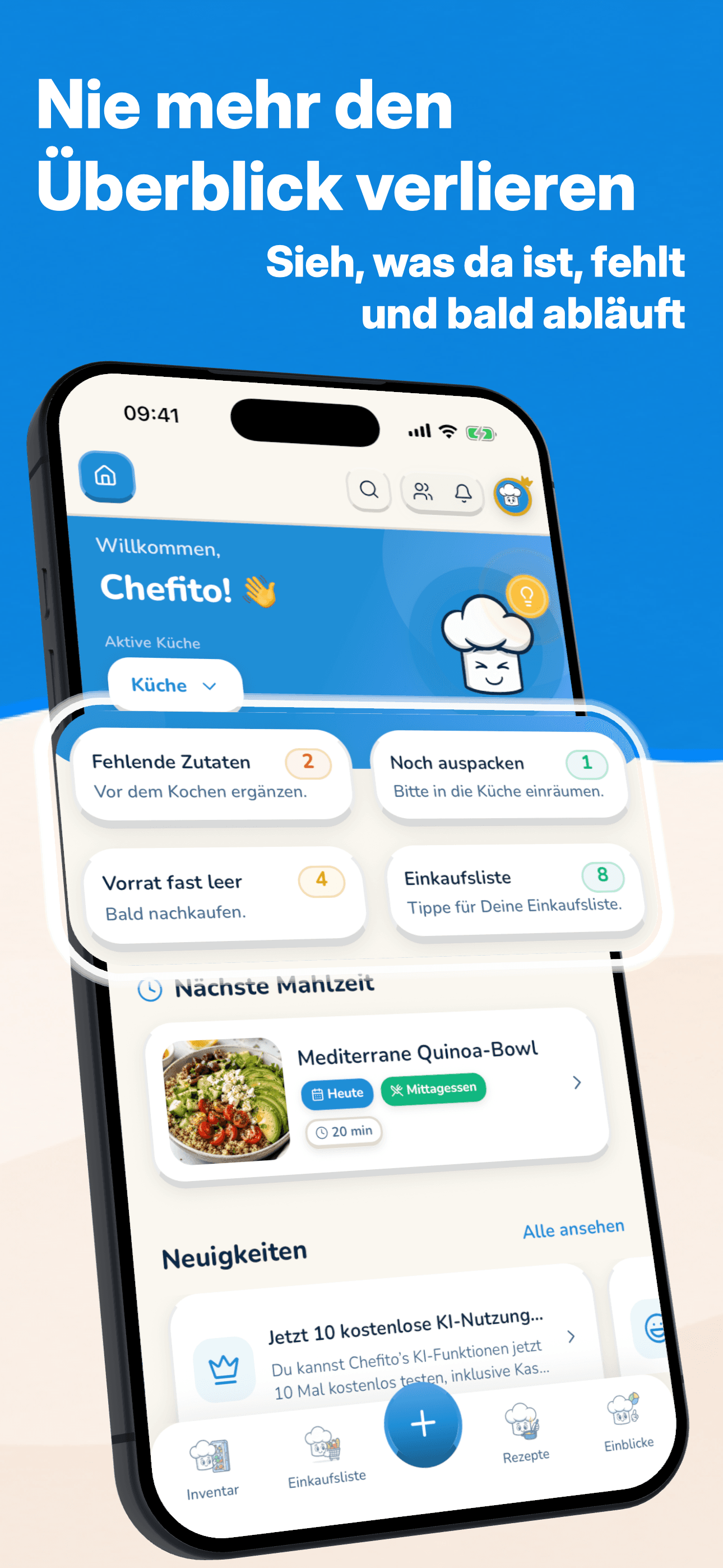 Chefito app screens for meal, pantry, and grocery planning