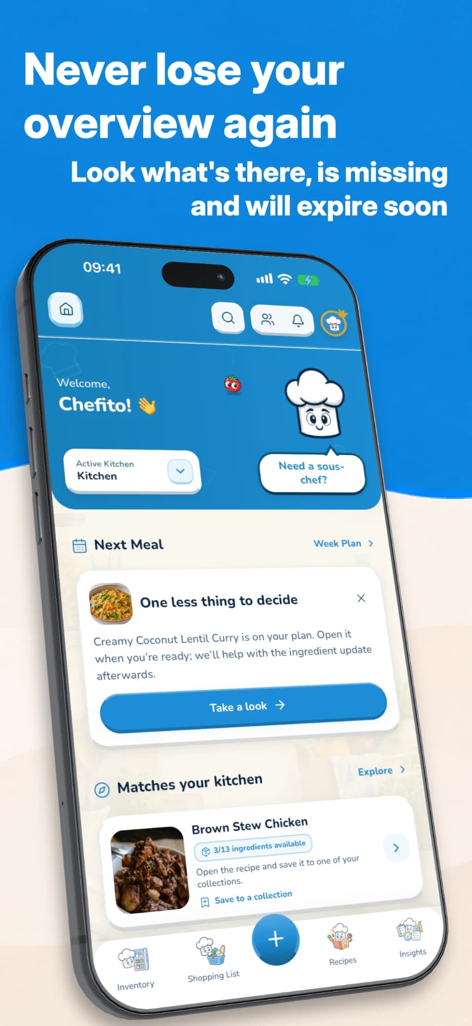 Chefito app screens for meal, pantry, and grocery planning