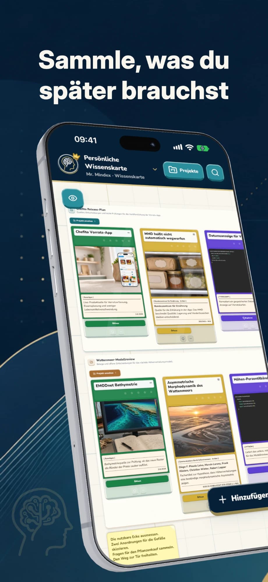 Mindex-App mit einer visuellen Karte für Links und Notizen